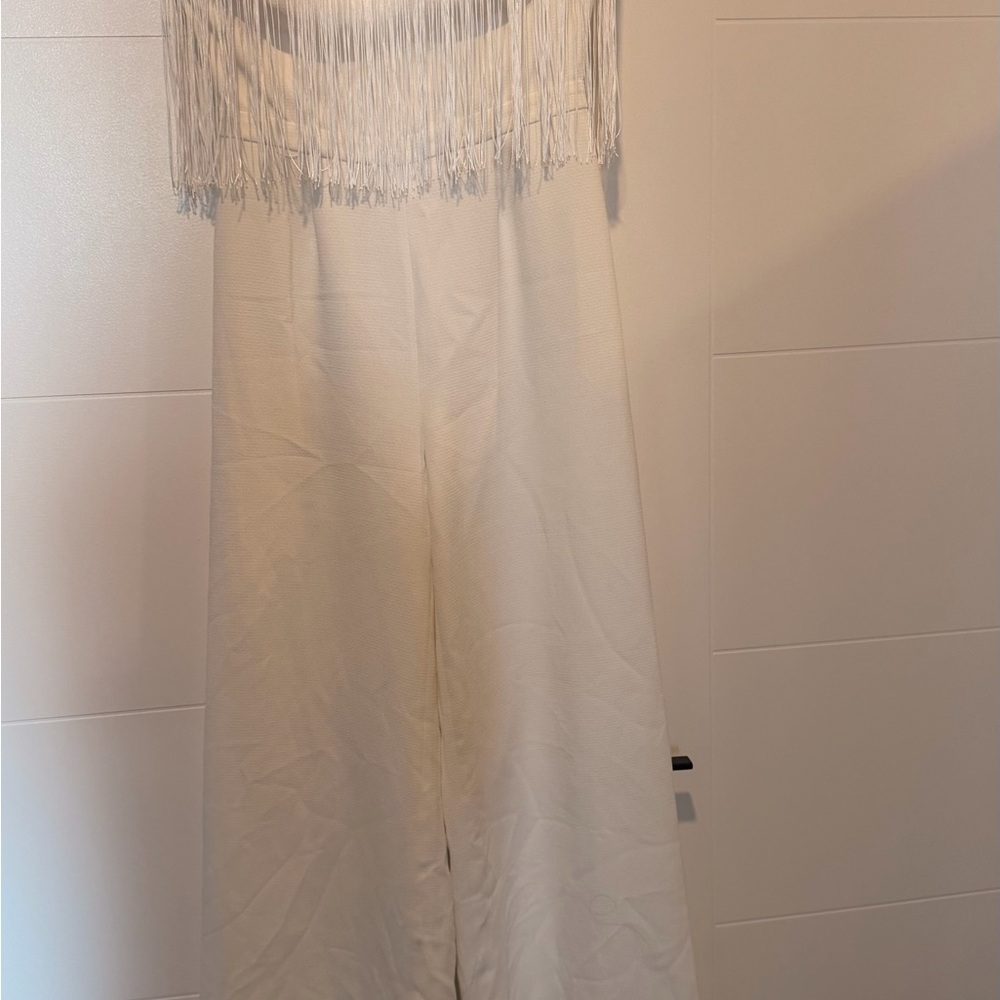 Jessica Simpson White Fringe Wide-Leg Jumpsuit